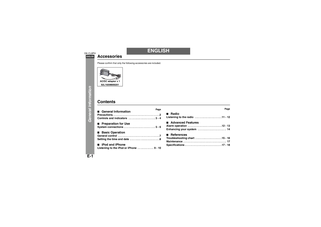 Sharp DK-CL8PH(PK), DK-CL8PH(BK), DK-CL8PH(GR) operation manual Accessories, Contents 