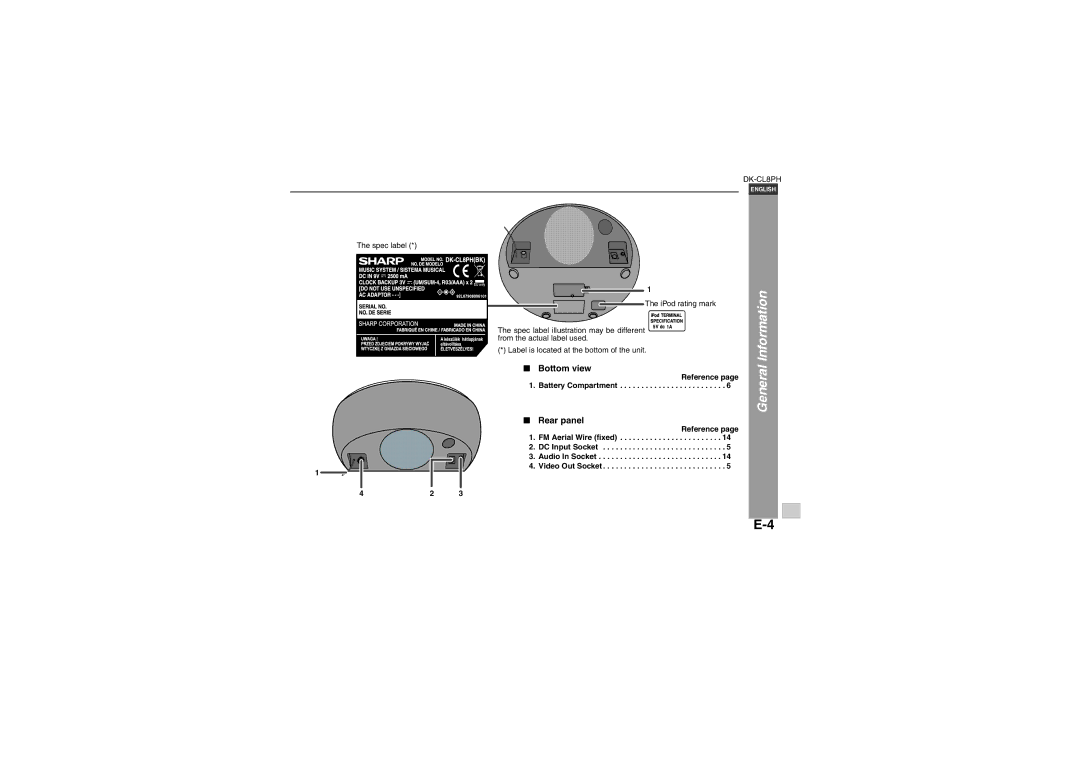 Sharp DK-CL8PH(PK), DK-CL8PH(BK), DK-CL8PH(GR) operation manual Bottom view, Rear panel, Reference Battery Compartment 