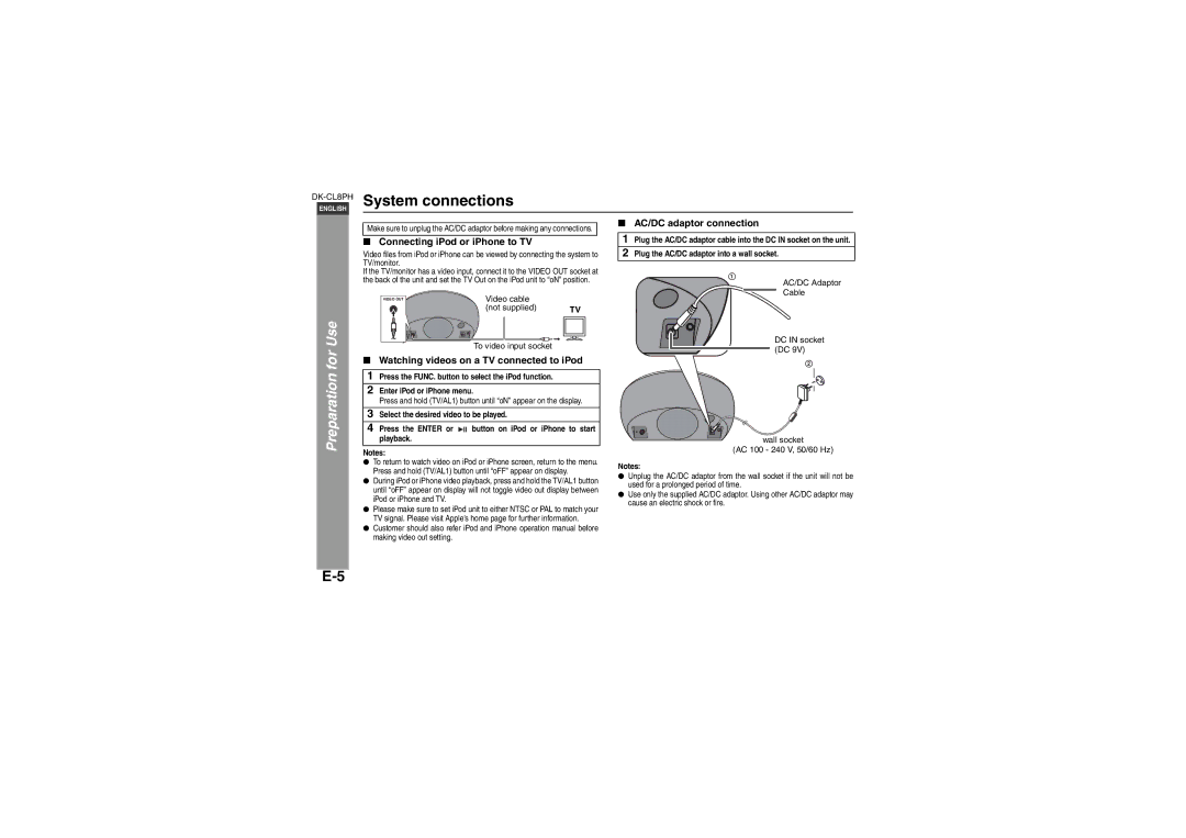 Sharp DK-CL8PH(BK) System connections, Preparation for Use, Connecting iPod or iPhone to TV, AC/DC adaptor connection 