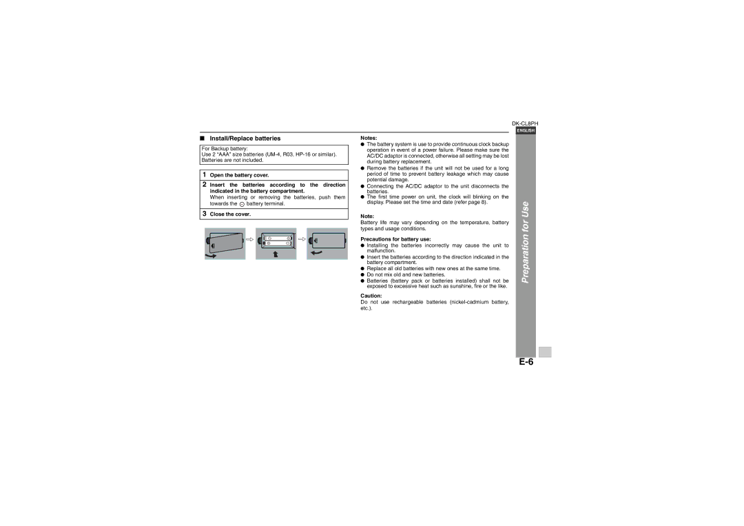 Sharp DK-CL8PH(GR), DK-CL8PH(BK), DK-CL8PH(PK) Install/Replace batteries, Close the cover, Precautions for battery use 