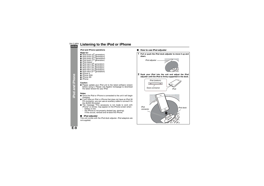 Sharp DK-CL8PH(GR), DK-CL8PH(BK), DK-CL8PH(PK) Listening to the iPod or iPhone, IPod adjuster, How to use iPod adjuster 