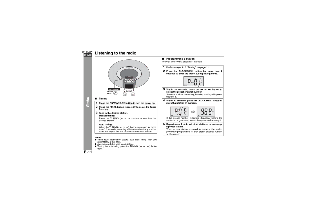 Sharp DK-CL8PH(BK), DK-CL8PH(GR), DK-CL8PH(PK) Listening to the radio, Radio, Tuning, Programming a station, Auto tuning 