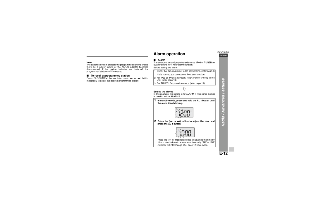 Sharp DK-CL8PH(GR) Alarm operation, Radio / Advanced Features, To recall a programmed station, Setting the alarms 