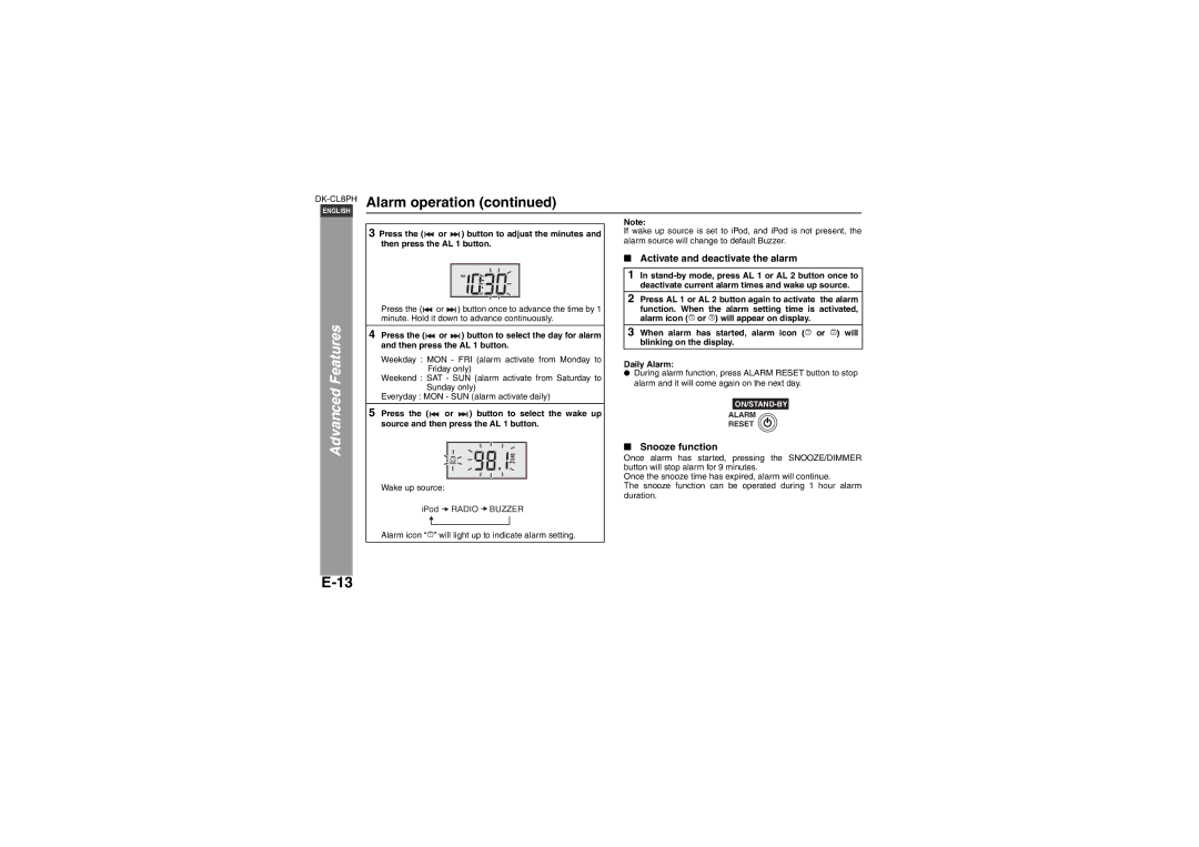 Sharp DK-CL8PH(PK), DK-CL8PH(BK), DK-CL8PH(GR) Advanced Features, Activate and deactivate the alarm, Snooze function 