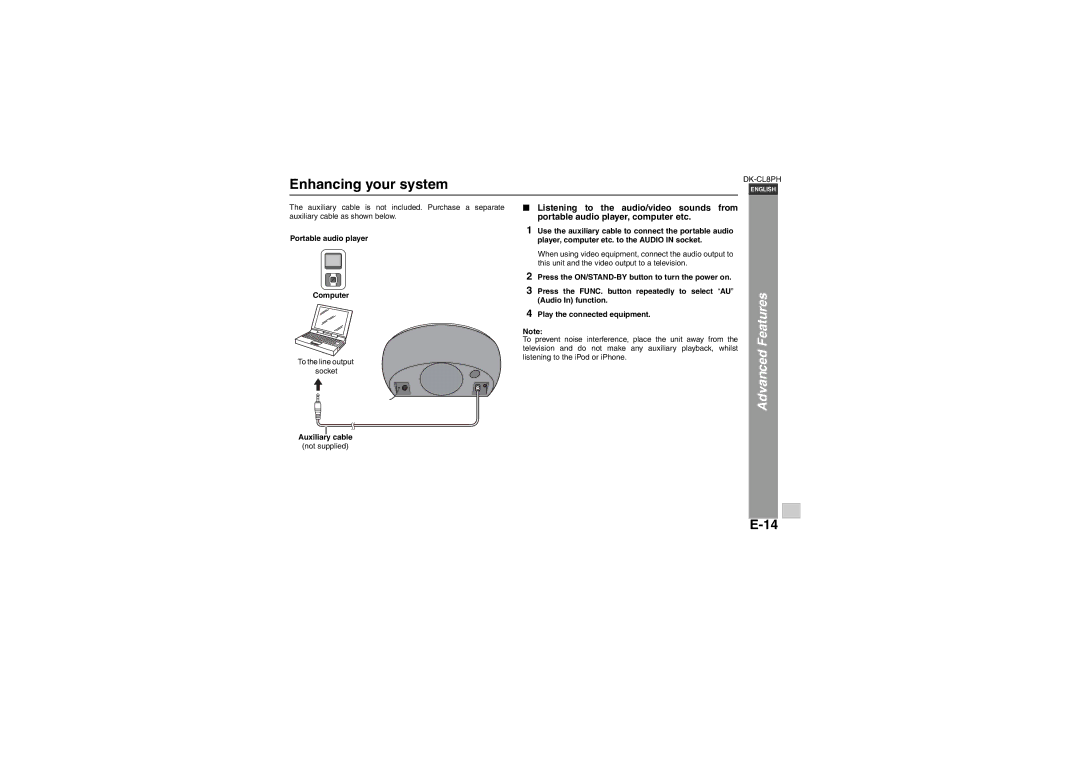 Sharp DK-CL8PH(BK), DK-CL8PH(GR), DK-CL8PH(PK) Enhancing your system, Portable audio player Computer, Auxiliary cable 