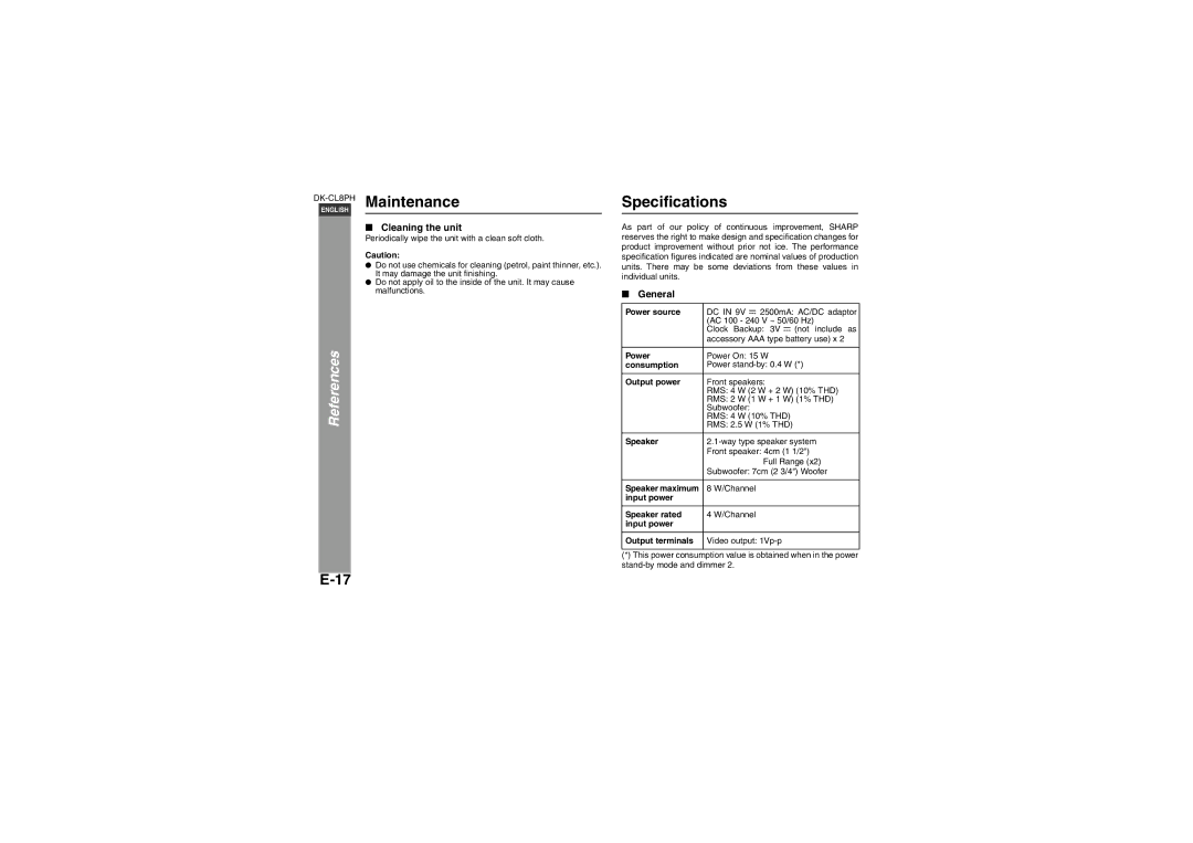 Sharp DK-CL8PH(BK), DK-CL8PH(GR), DK-CL8PH(PK) operation manual Maintenance, Specifications, Cleaning the unit 