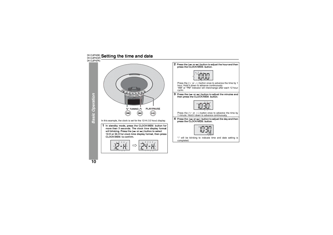 Sharp DK-CL8PH(BK) operation manual DK-CL8PHBKSetting the time and date, Tuning PLAY/PAUSE 