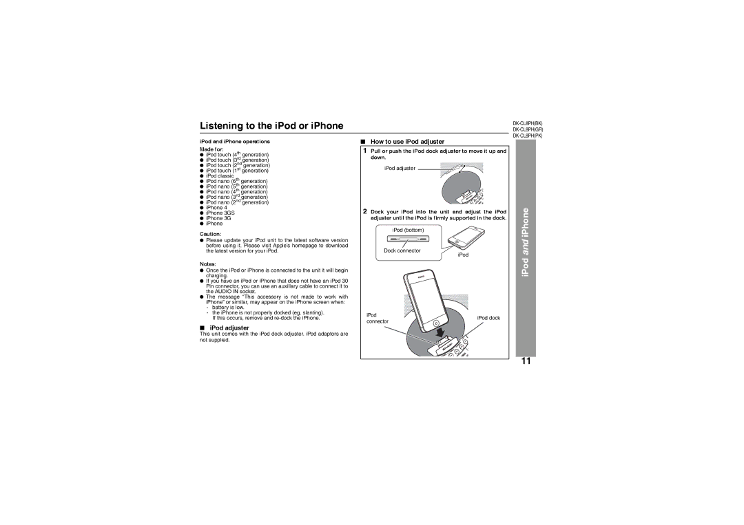 Sharp DK-CL8PH(BK) operation manual Listening to the iPod or iPhone, IPod adjuster, How to use iPod adjuster 