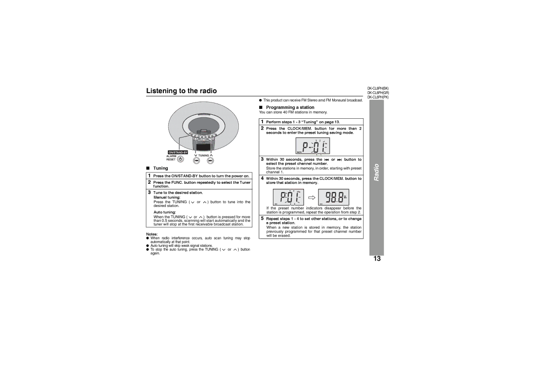 Sharp DK-CL8PH(BK) operation manual Listening to the radio, Radio, Tuning, Programming a station, Auto tuning 