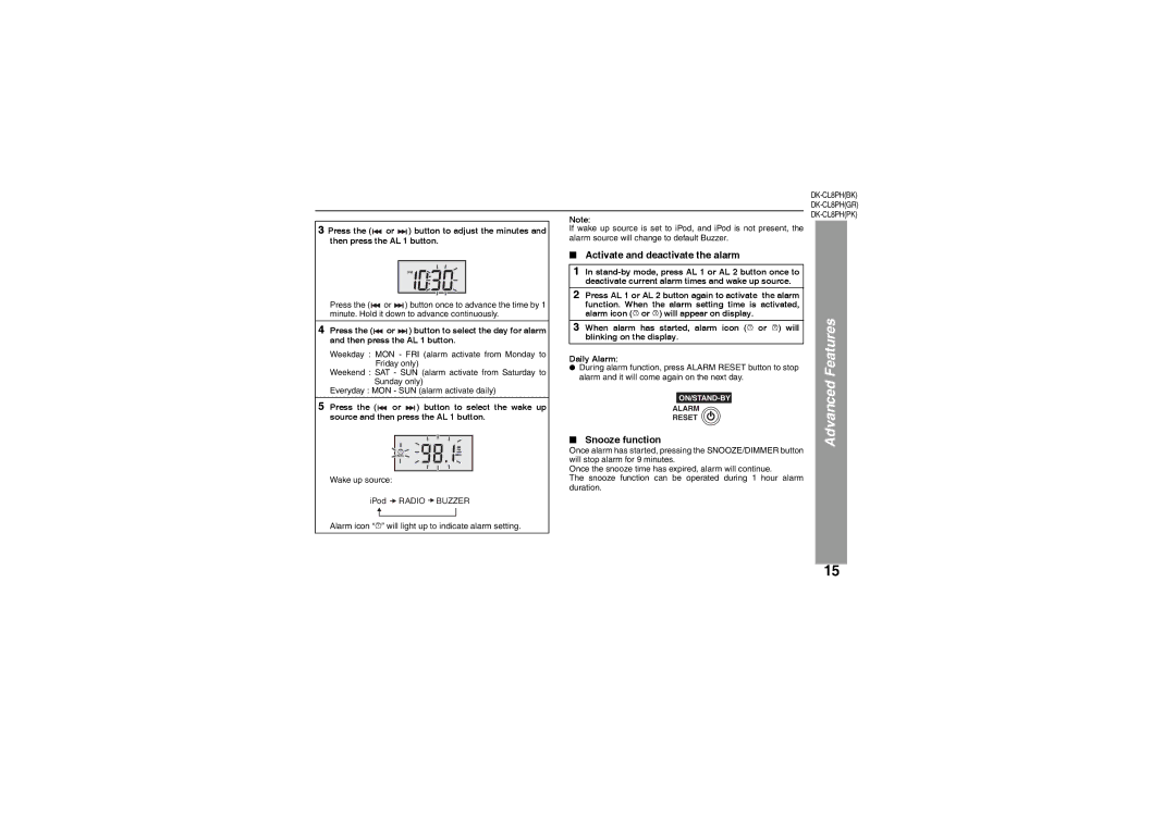 Sharp DK-CL8PH(BK) operation manual Advanced Features, Activate and deactivate the alarm, Snooze function 