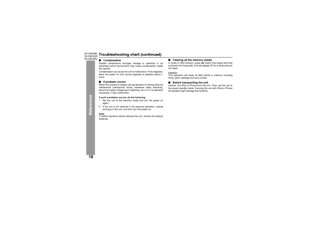 Sharp DK-CL8PH(BK) operation manual Troubleshooting chart, Condensation, Clearing all the memory reset, If problem occurs 