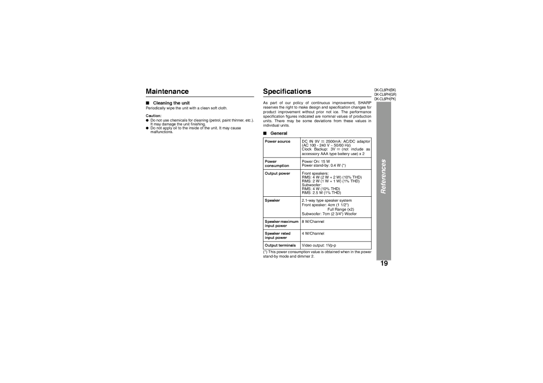 Sharp DK-CL8PH(BK) operation manual Maintenance, Specifications, Cleaning the unit 