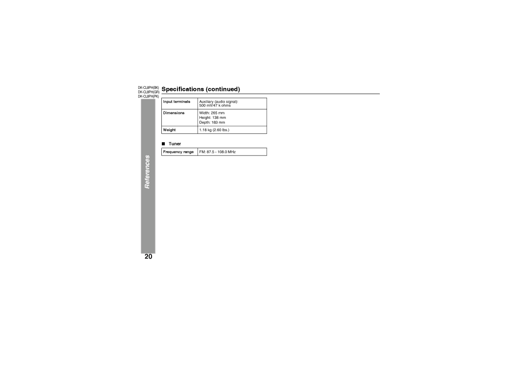 Sharp DK-CL8PH(BK) operation manual Specifications, Input terminals, Dimensions, Weight 