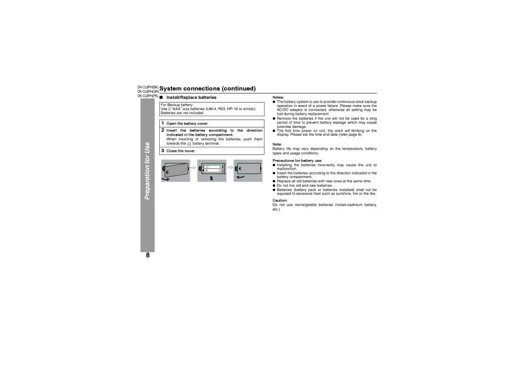 Sharp DK-CL8PH(BK) DK-CL8PHBKSystem connections, Use, Preparation for, DK-CL8PHPK Install/Replace batteries 