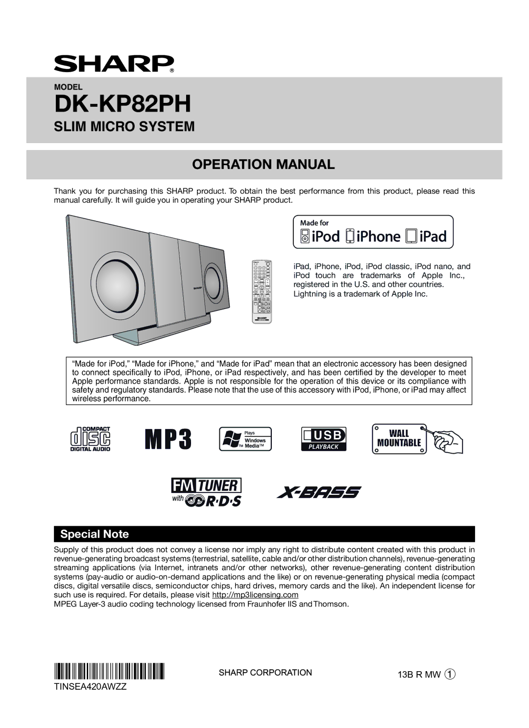 Sharp DK-KP82PH operation manual Special Note 