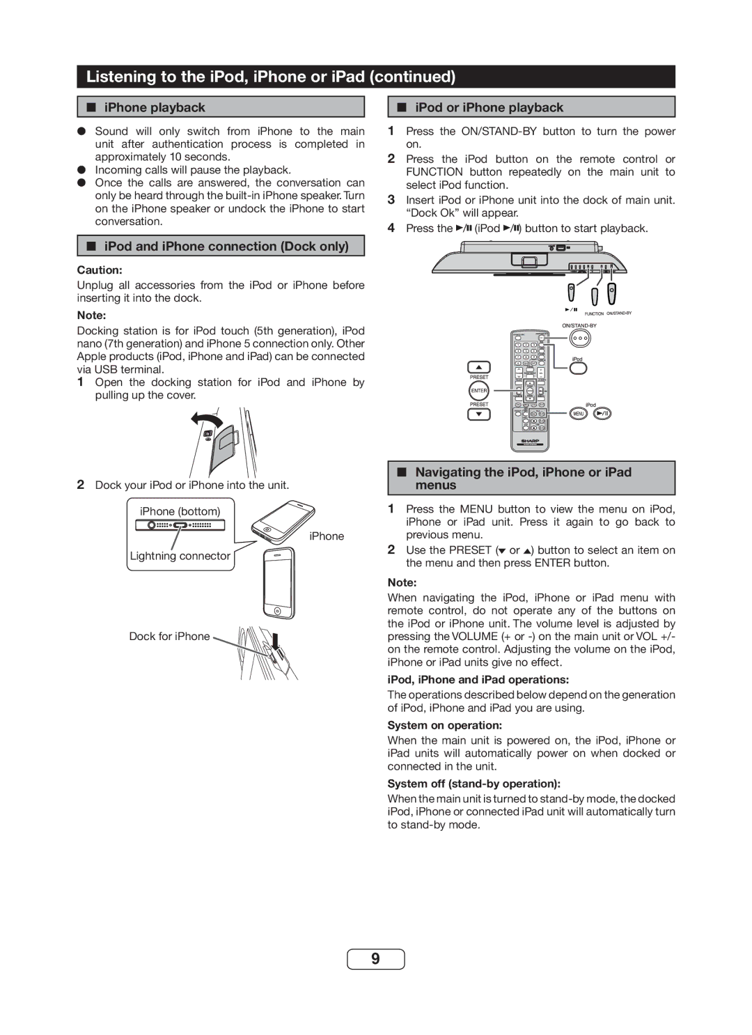 Sharp DK-KP82PH operation manual IPhone playback, IPod or iPhone playback, IPod and iPhone connection Dock only 