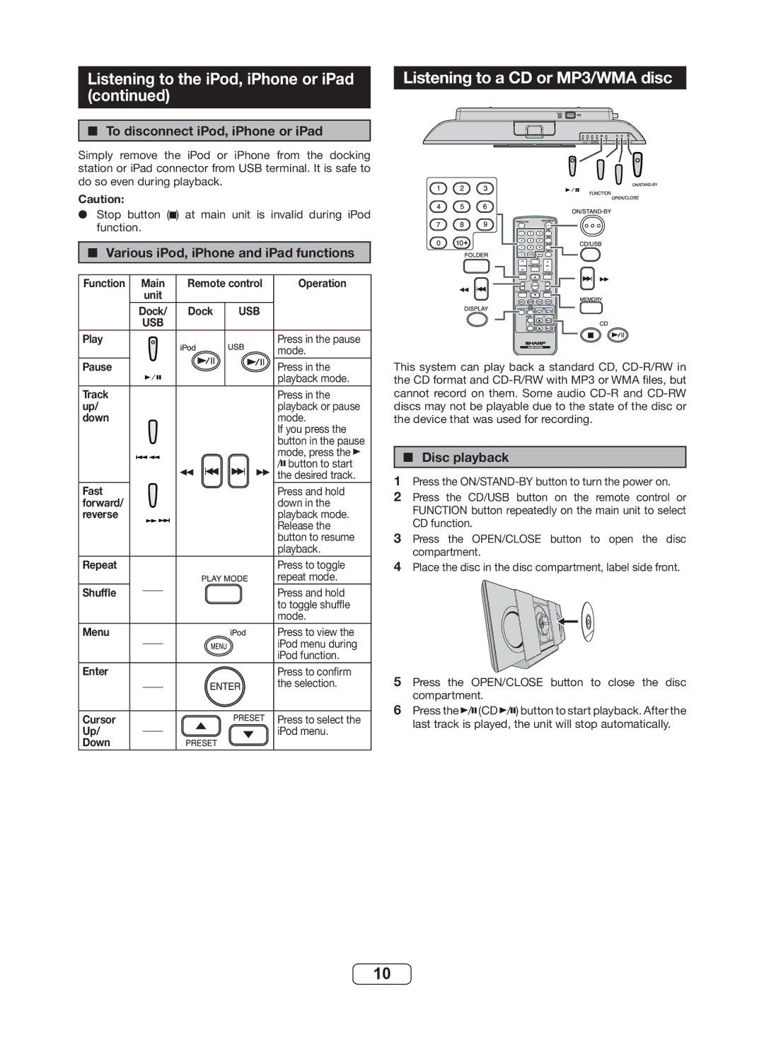 Sharp DK-KP82PH operation manual Listening to a CD or MP3/WMA disc, To disconnect iPod, iPhone or iPad, Disc playback 