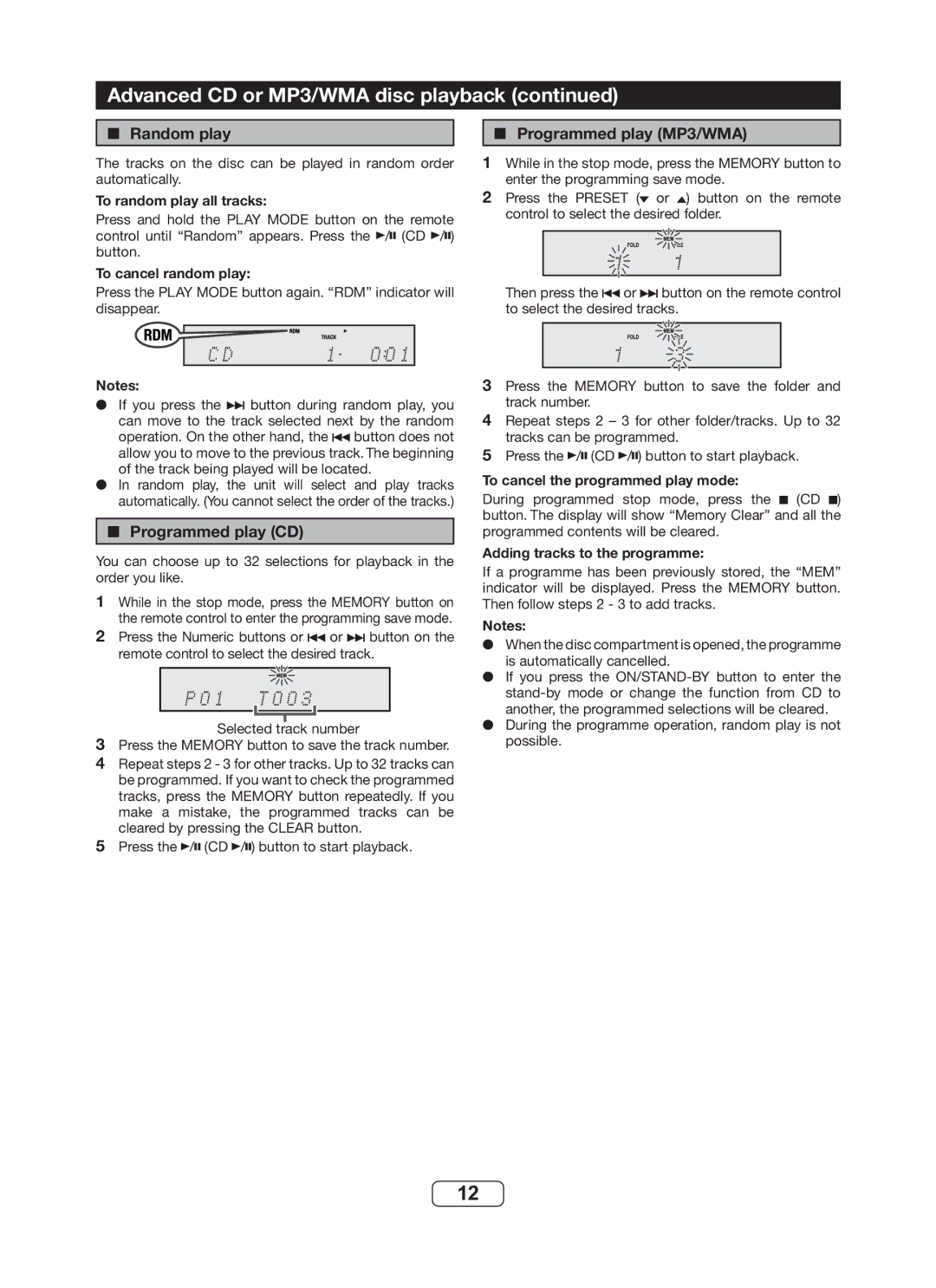 Sharp DK-KP82PH operation manual Random play, Programmed play CD, Programmed play MP3/WMA 