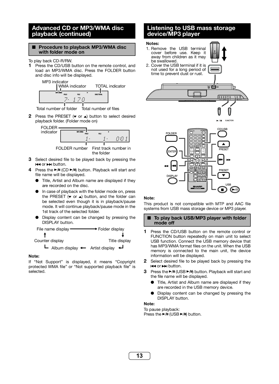 Sharp DK-KP82PH Listening to USB mass storage device/MP3 player, Procedure to playback MP3/WMA disc with folder mode on 