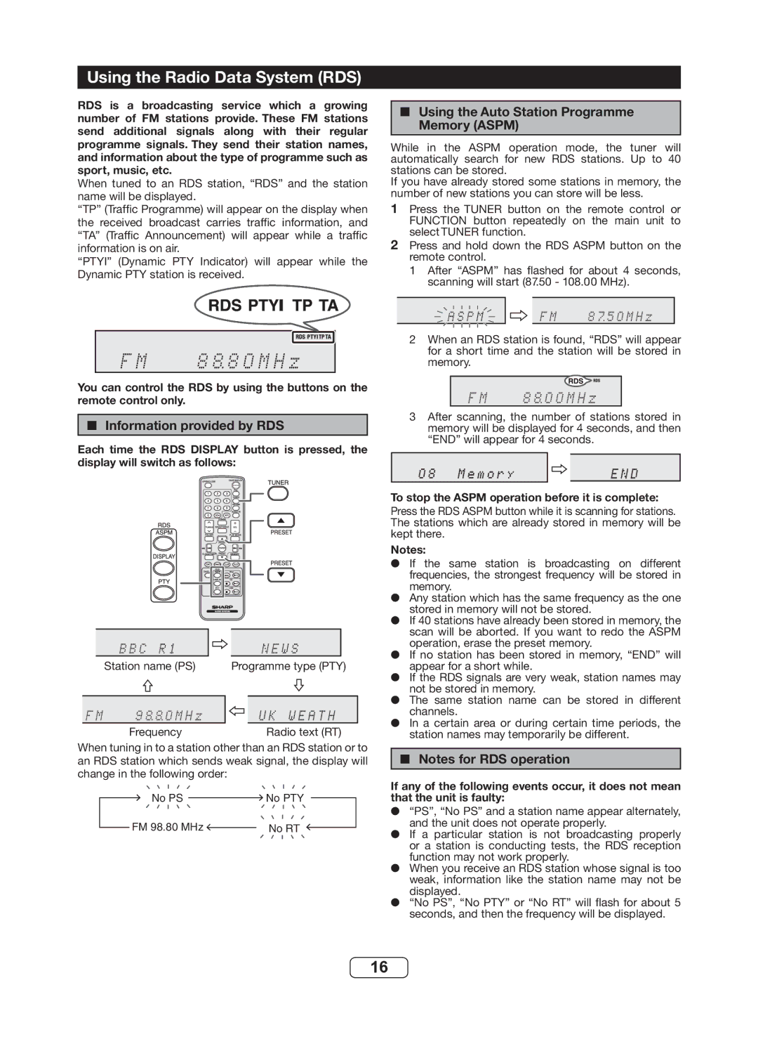 Sharp DK-KP82PH Using the Radio Data System RDS, Information provided by RDS, Using the Auto Station Programme Memory Aspm 