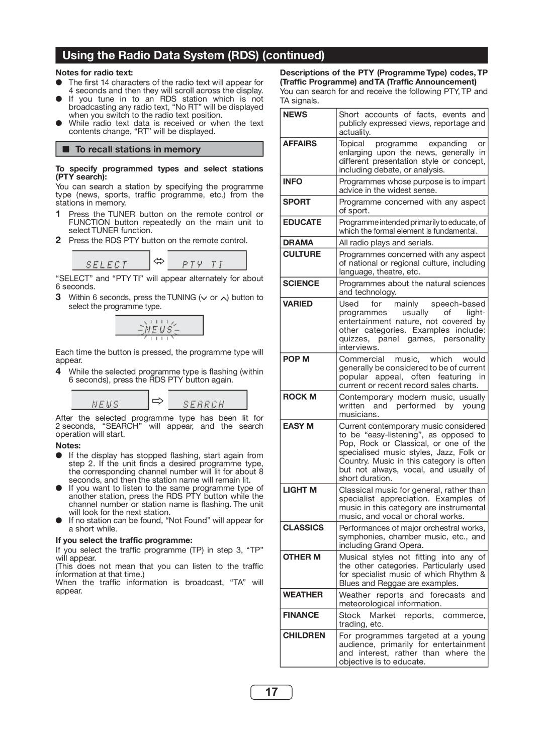 Sharp DK-KP82PH operation manual To recall stations in memory, To specify programmed types and select stations PTY search 