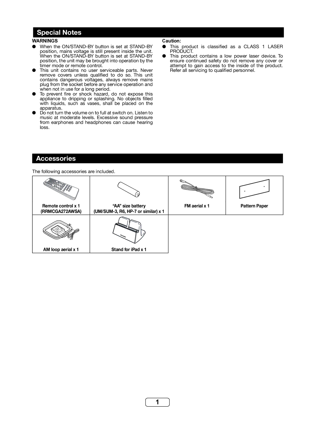 Sharp DK-KP82PH operation manual Special Notes, Accessories, FM aerial x 