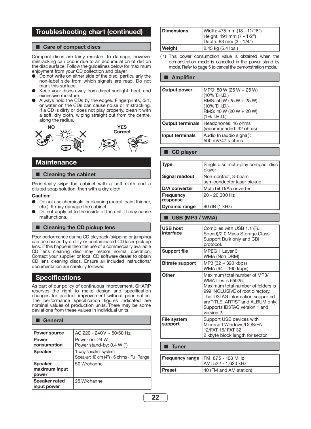 Sharp DK-KP82PH operation manual Maintenance, Specifications 