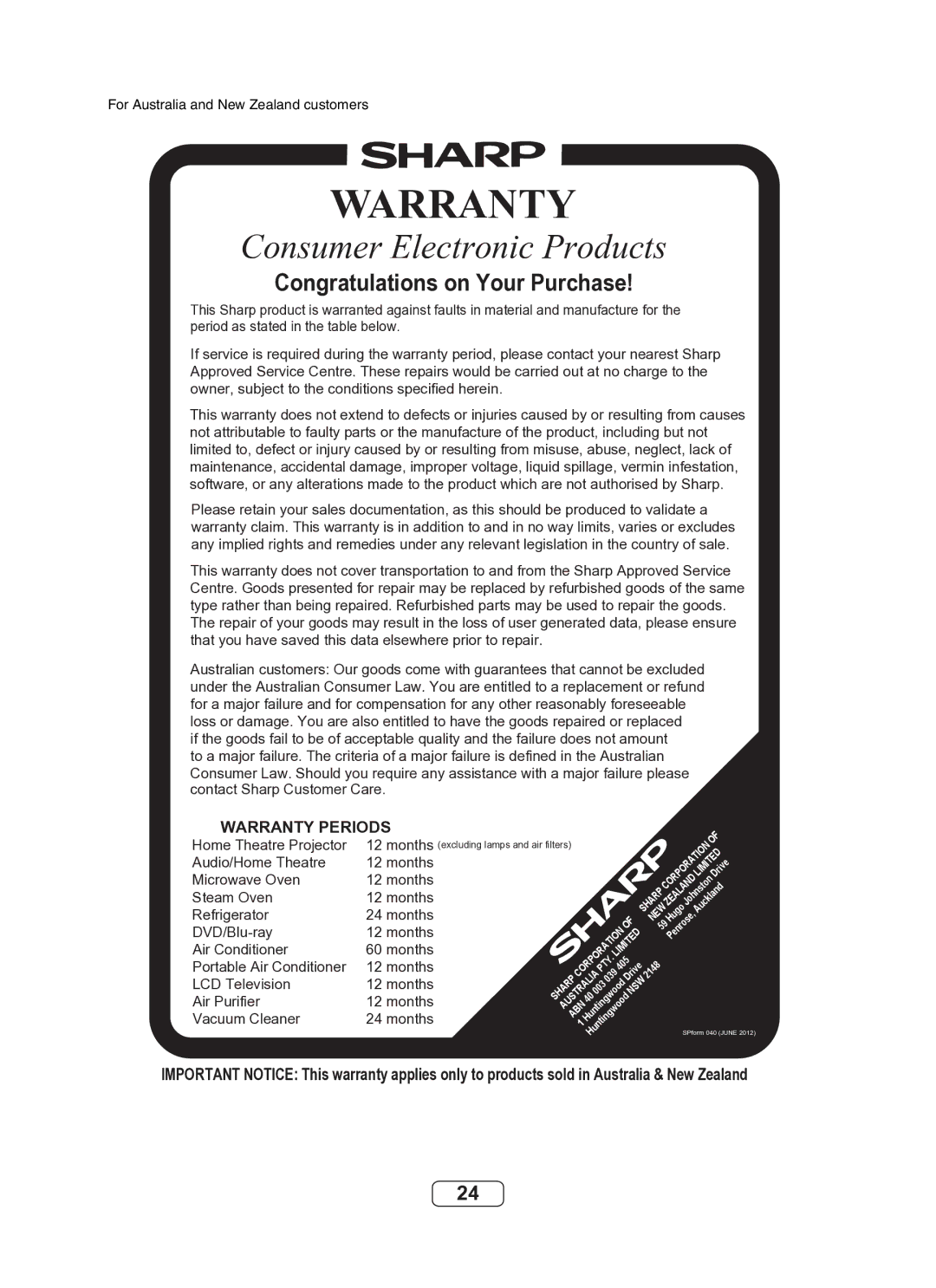 Sharp DK-KP82PH operation manual Warranty 