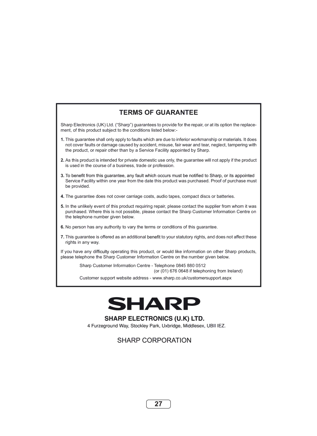 Sharp DK-KP82PH operation manual Terms of Guarantee 