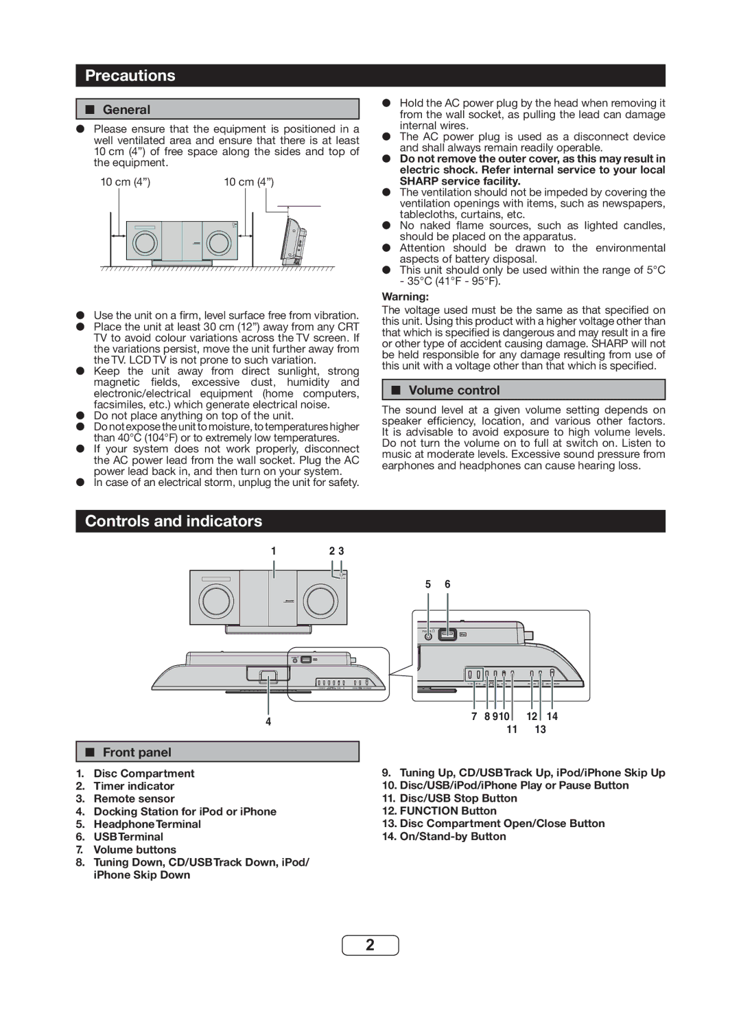 Sharp DK-KP82PH operation manual Precautions, Controls and indicators, General, Volume control, Front panel 