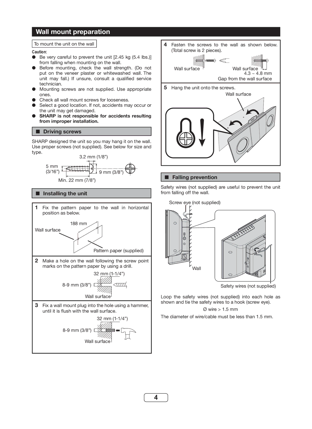 Sharp DK-KP82PH operation manual Wall mount preparation, Driving screws, Installing the unit, Falling prevention 