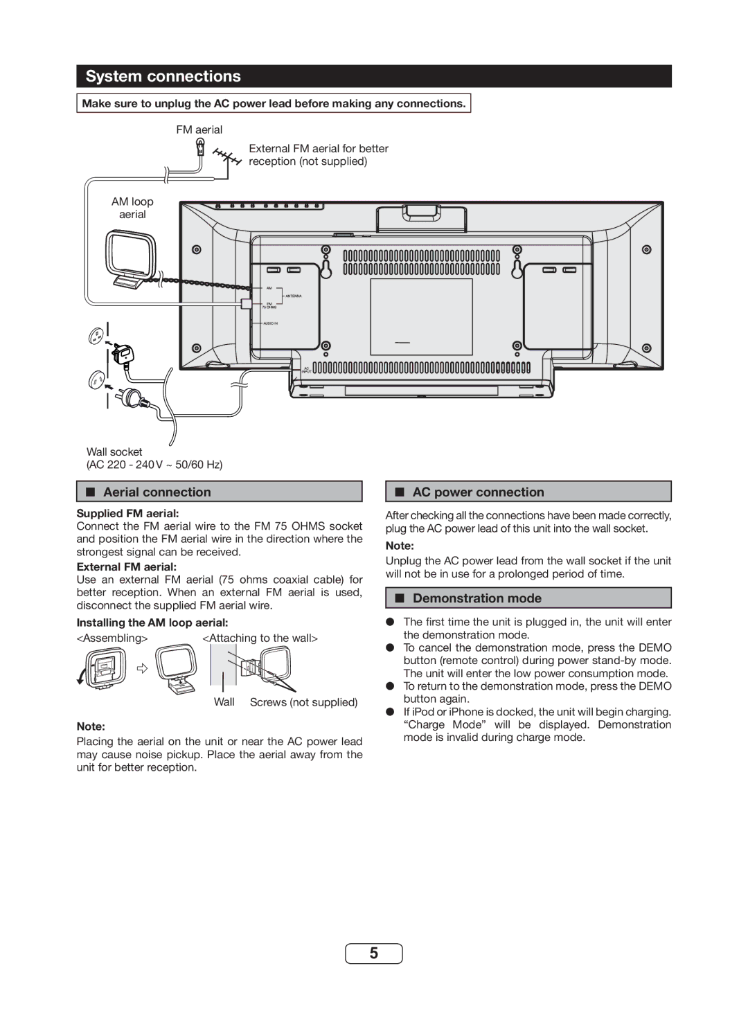 Sharp DK-KP82PH operation manual System connections, Aerial connection, AC power connection, Demonstration mode 