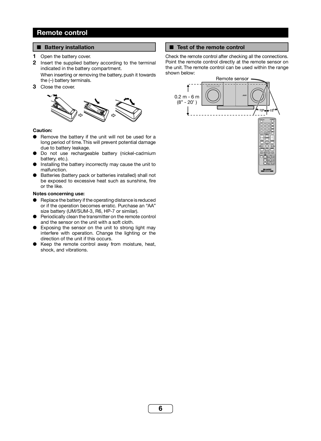 Sharp DK-KP82PH operation manual Remote control, Battery installation, Test of the remote control 