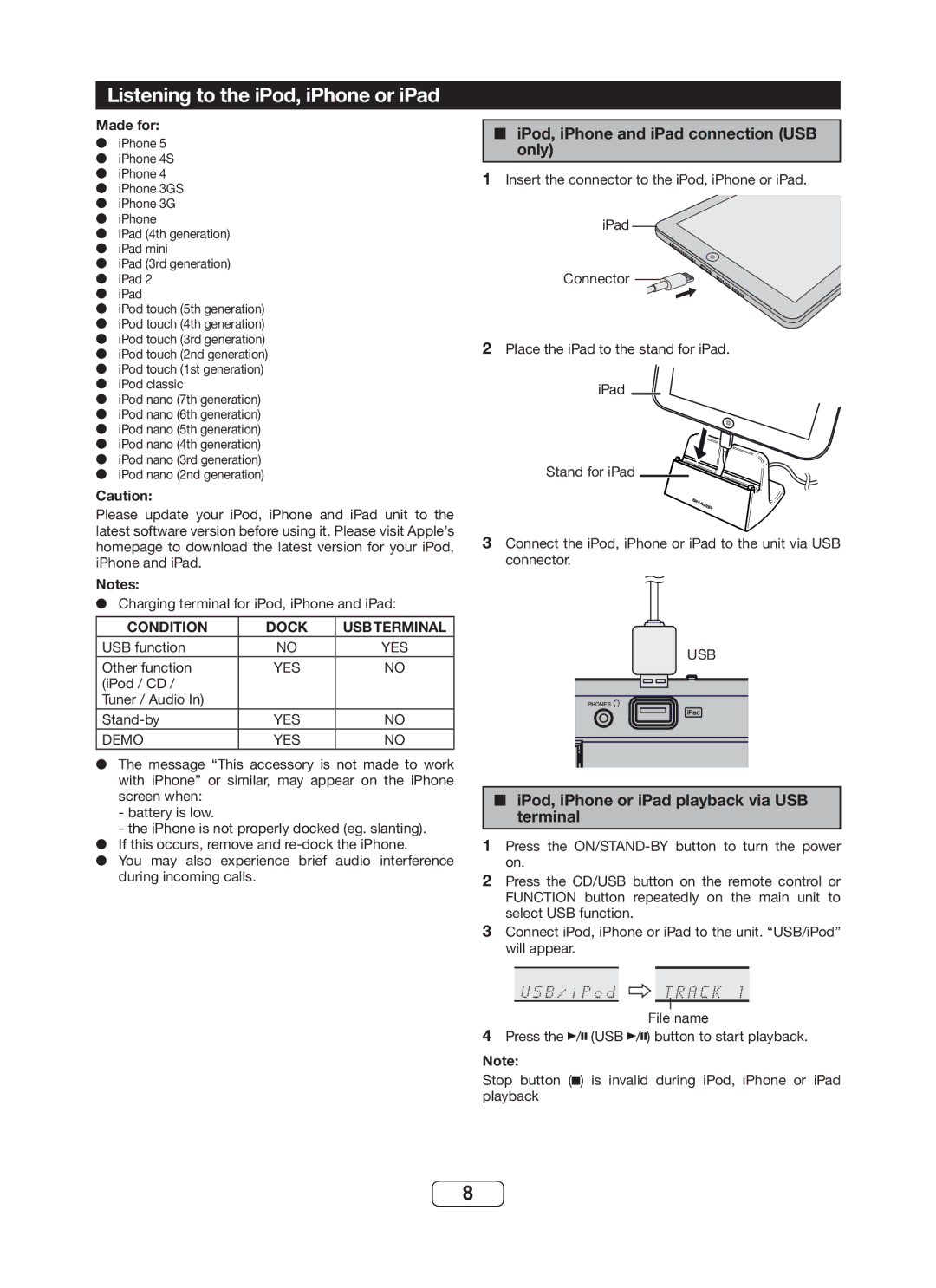 Sharp DK-KP82PH operation manual Listening to the iPod, iPhone or iPad, IPod, iPhone and iPad connection USB only, Made for 