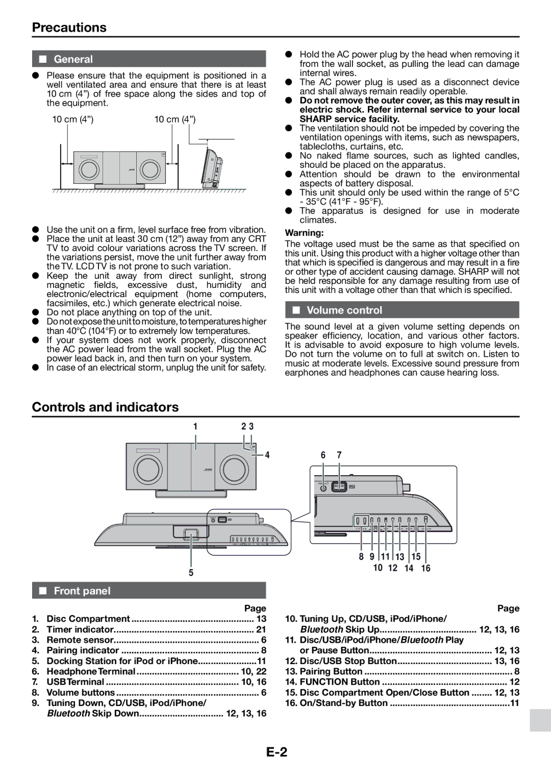 Sharp DK-KP85PH operation manual Precautions, Controls and indicators, General, Volume control, Front panel 