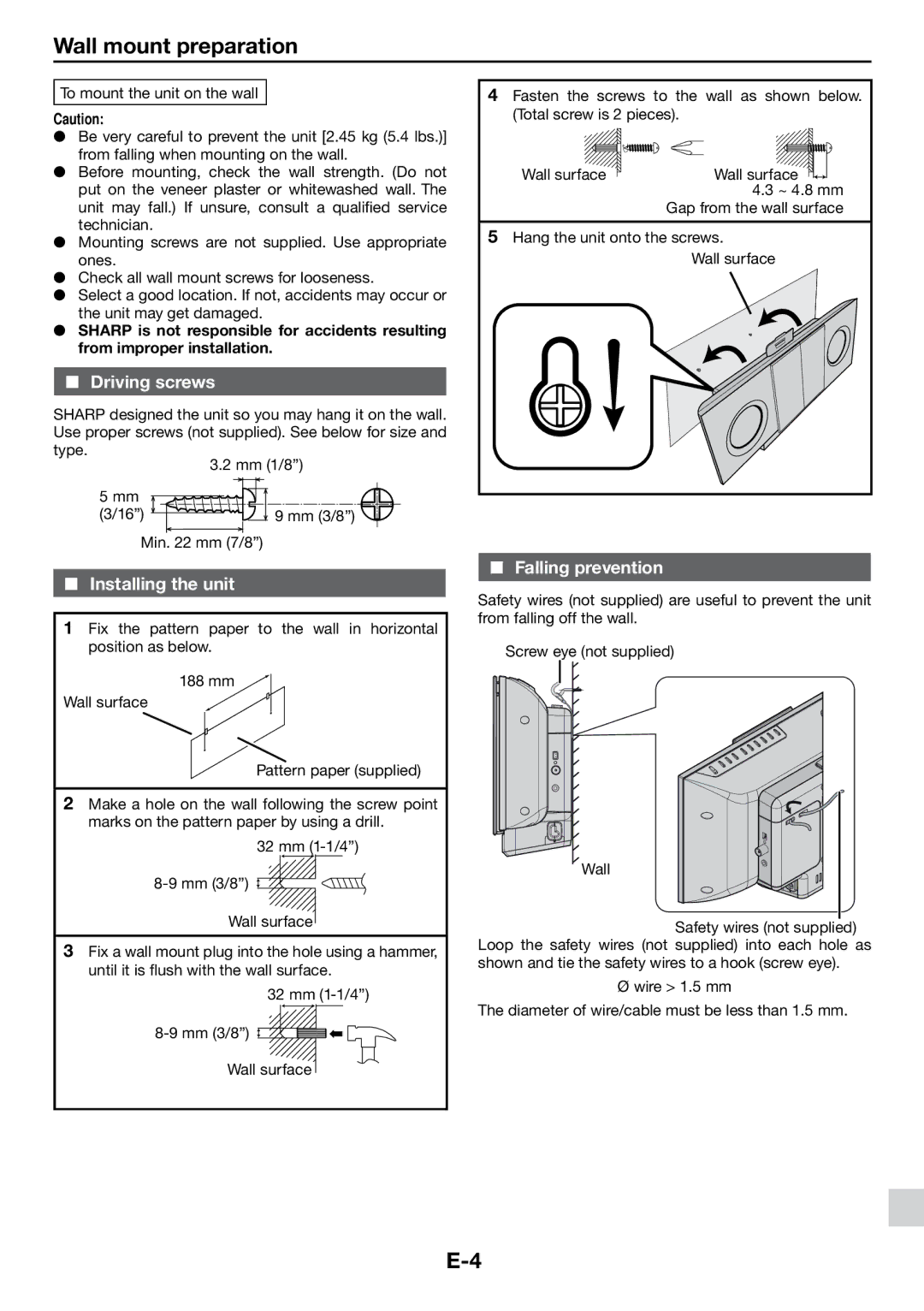 Sharp DK-KP85PH operation manual Wall mount preparation, Driving screws, Installing the unit, Falling prevention 