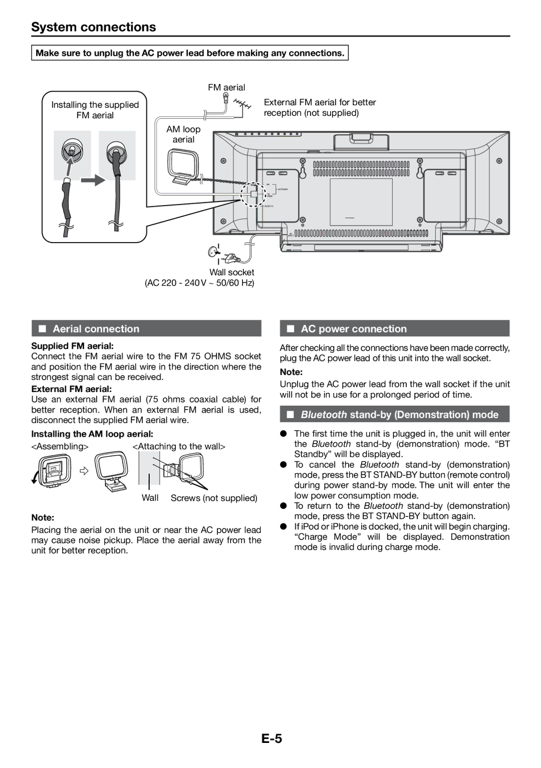 Sharp DK-KP85PH System connections, Aerial connection, AC power connection, Bluetooth stand-by Demonstration mode 