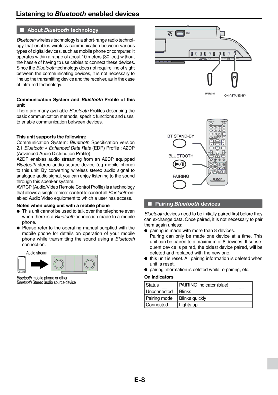 Sharp DK-KP85PH Listening to Bluetooth enabled devices, About Bluetooth technology, Pairing Bluetooth devices 