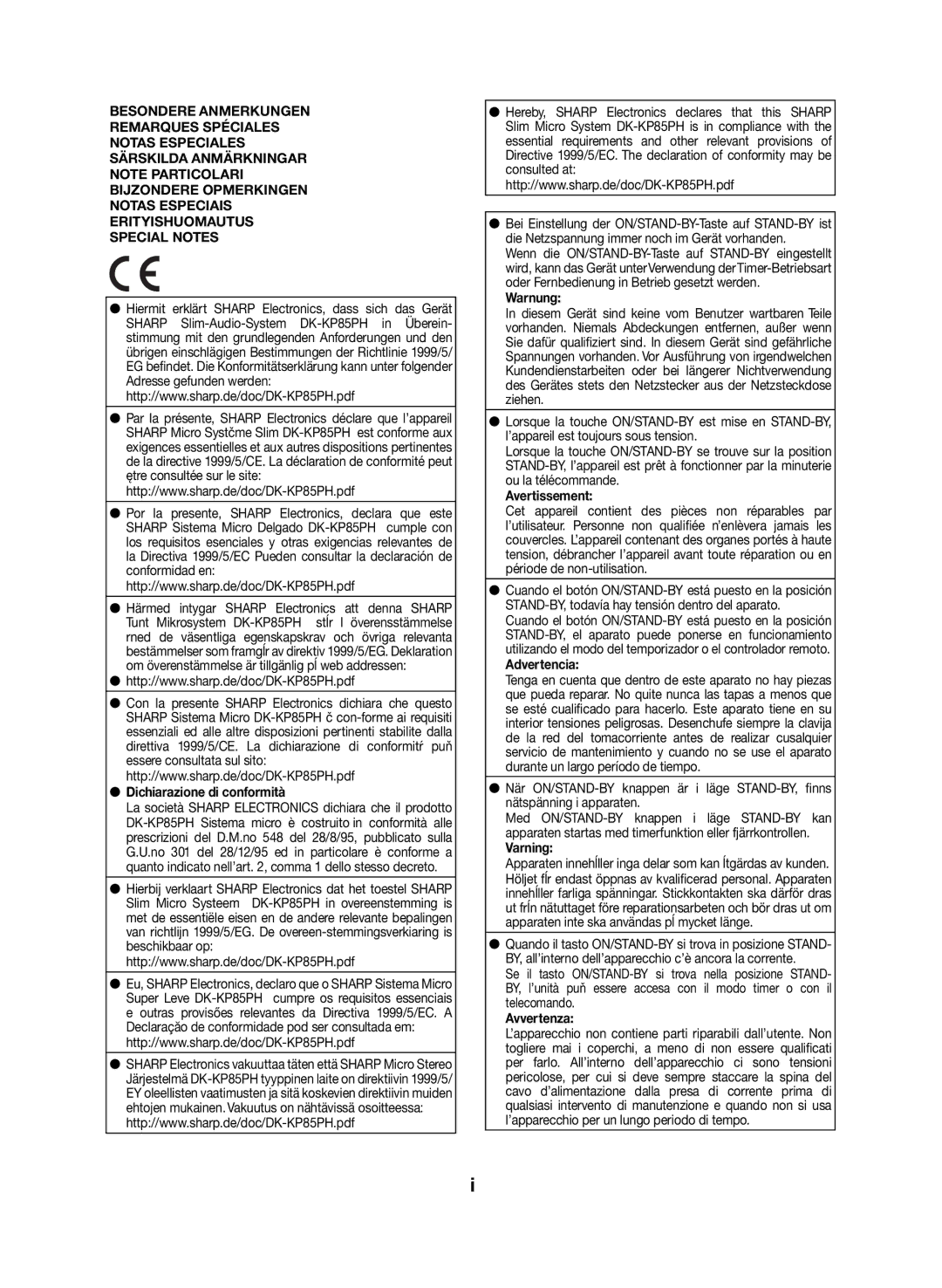 Sharp DK-KP85PH operation manual Dichiarazione di conformità, Warnung, Avertissement, Advertencia, Varning, Avvertenza 