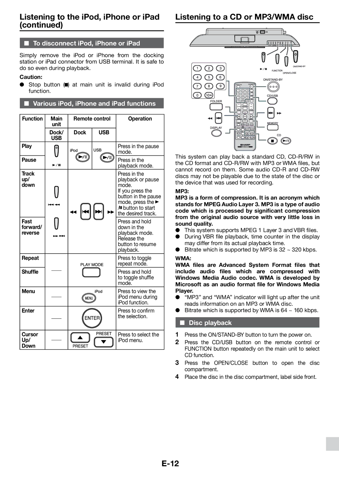 Sharp DK-KP85PH operation manual Listening to a CD or MP3/WMA disc, To disconnect iPod, iPhone or iPad, Disc playback 