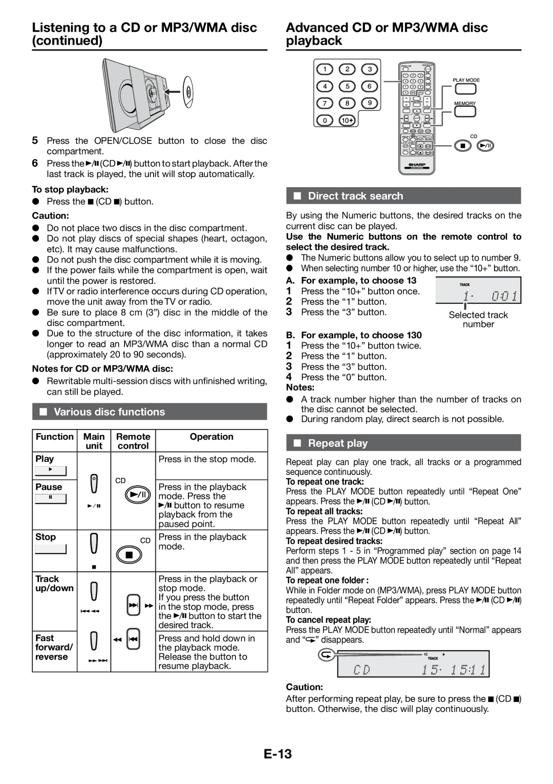 Sharp DK-KP85PH operation manual Various disc functions, Direct track search, Repeat play 