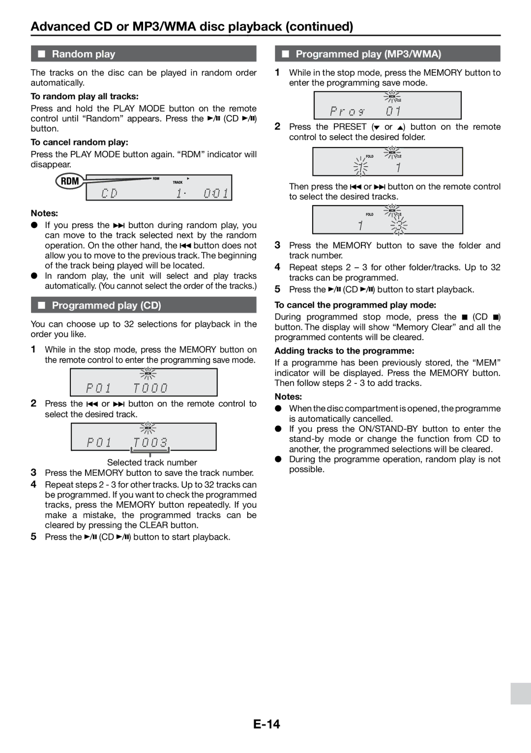 Sharp DK-KP85PH operation manual Random play, Programmed play CD, Programmed play MP3/WMA 