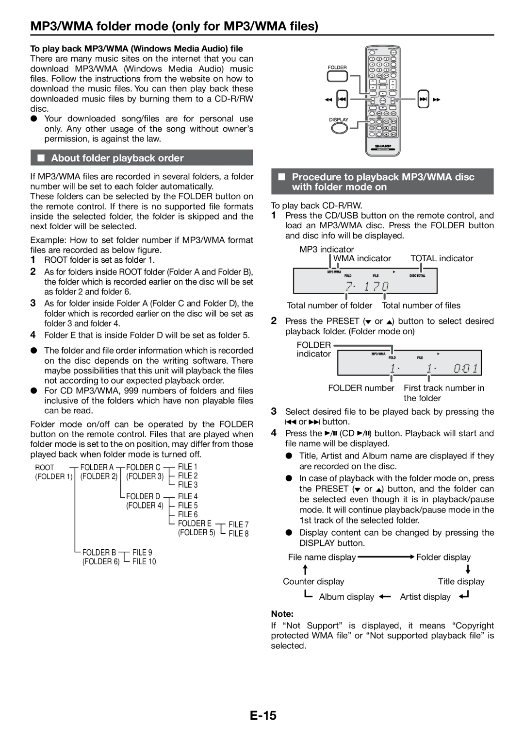 Sharp DK-KP85PH operation manual MP3/WMA folder mode only for MP3/WMA files, About folder playback order 