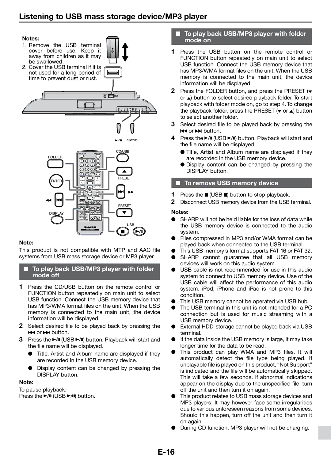 Sharp DK-KP85PH Listening to USB mass storage device/MP3 player, To play back USB/MP3 player with folder mode off 