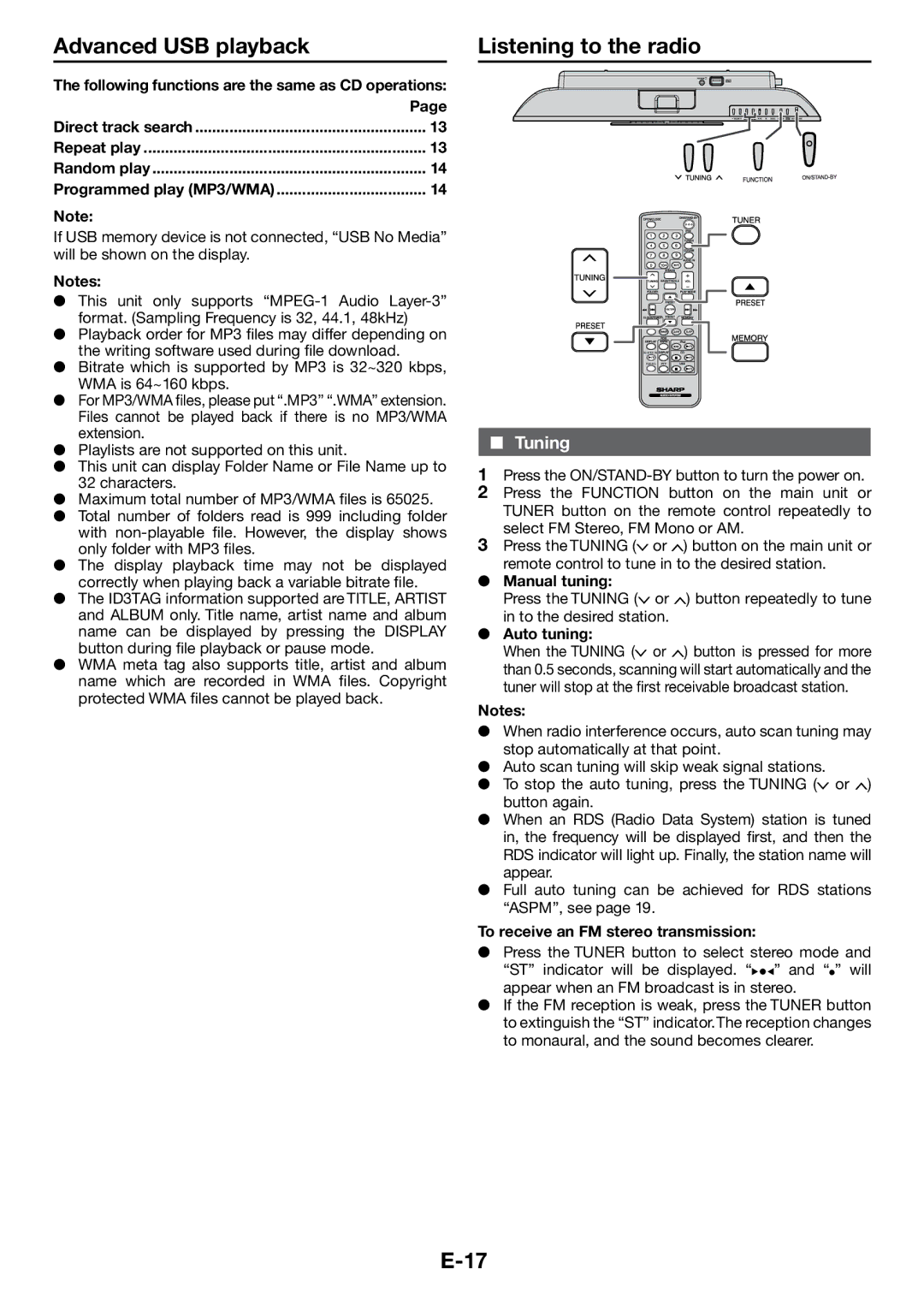 Sharp DK-KP85PH operation manual Advanced USB playback, Listening to the radio, Tuning 