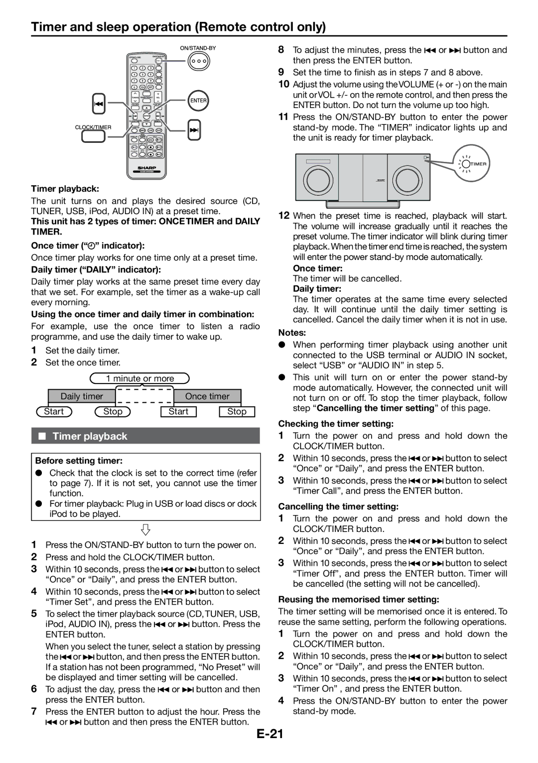 Sharp DK-KP85PH operation manual Timer and sleep operation Remote control only, Timer playback 