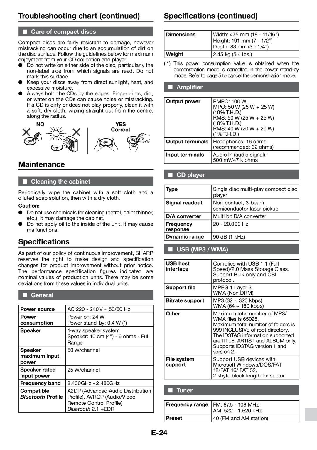 Sharp DK-KP85PH operation manual Maintenance, Specifications 