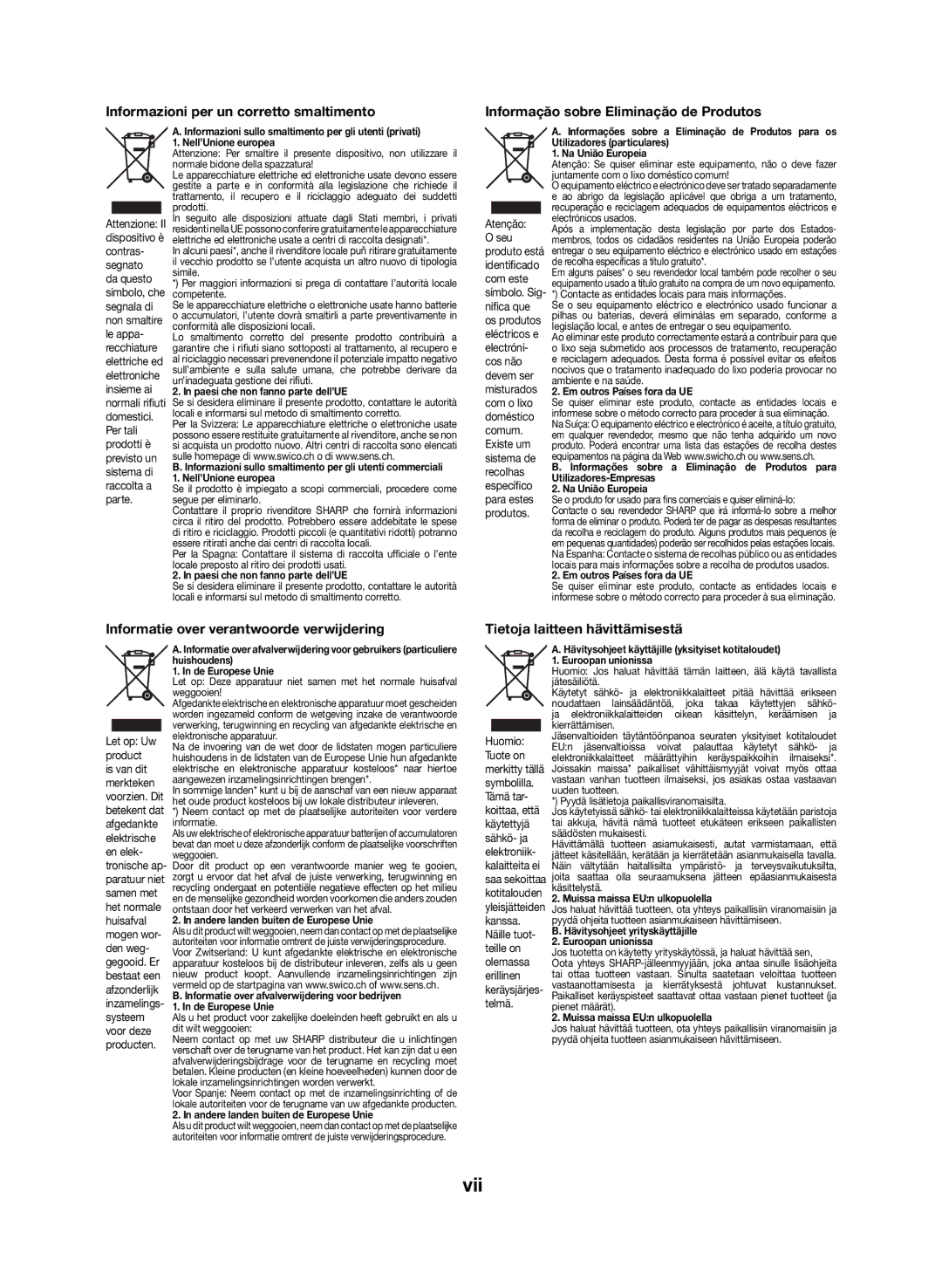 Sharp DK-KP85PH operation manual Vii, Paesi che non fanno parte dell’UE 