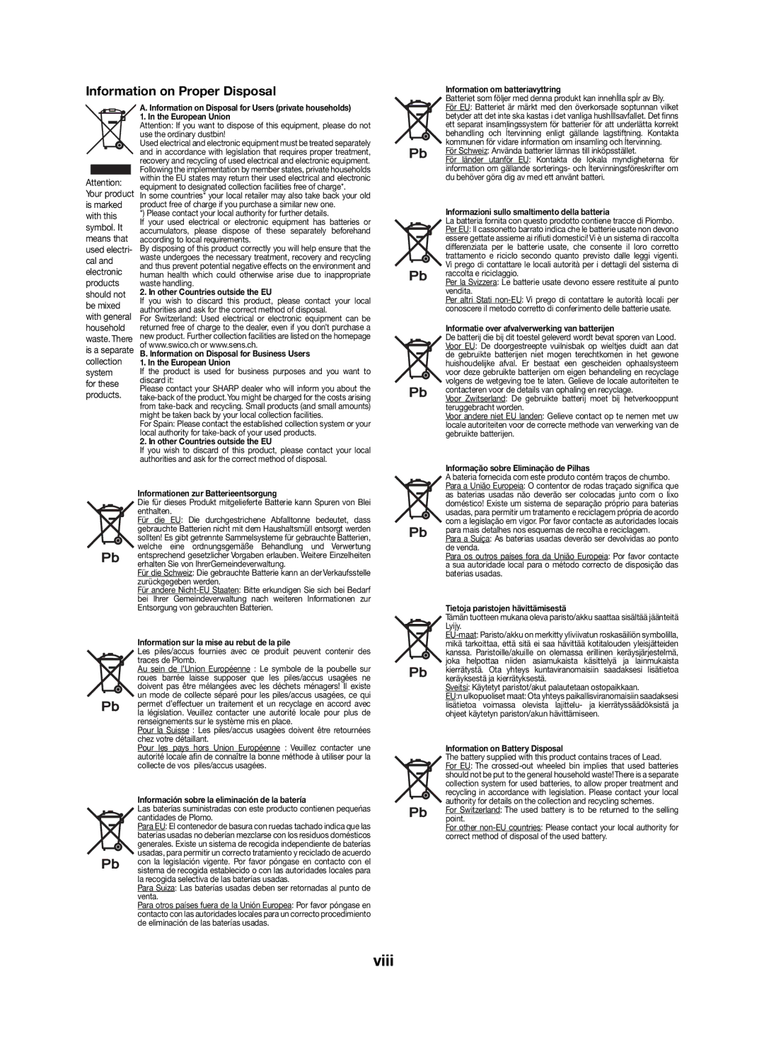 Sharp DK-KP85PH operation manual Viii, Information on Proper Disposal 