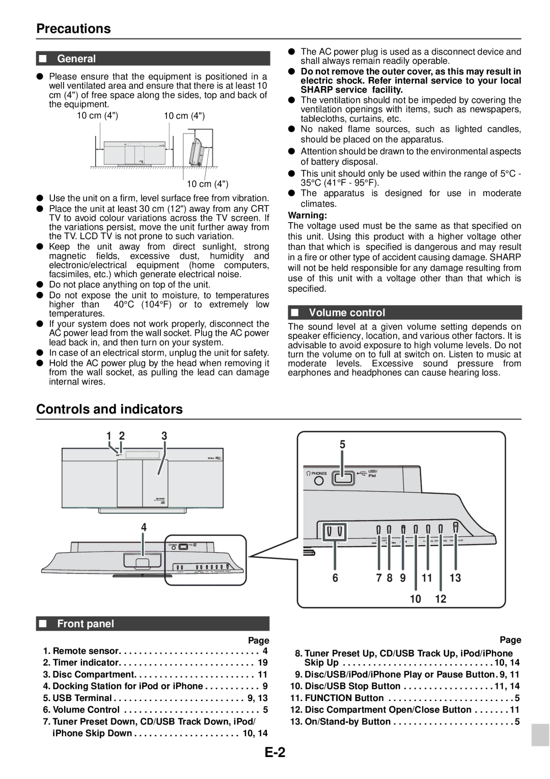 Sharp DK-KP95PH operation manual Precautions, Controls and indicators, General, Volume control, Front panel 